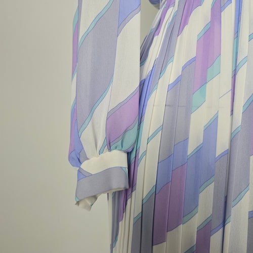 Vintage Pastel Geometric Print Pleated Midi Dress with Belt Long Sleeve - Size S-M