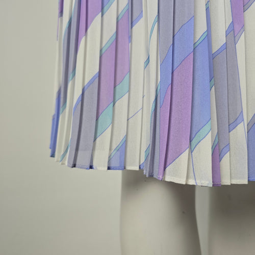 Vintage Pastel Geometric Print Pleated Midi Dress with Belt Long Sleeve - Size S-M