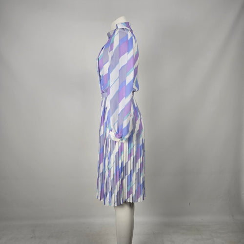 Vintage Pastel Geometric Print Pleated Midi Dress with Belt Long Sleeve - Size S-M
