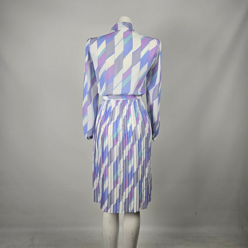 Vintage Pastel Geometric Print Pleated Midi Dress with Belt Long Sleeve - Size S-M