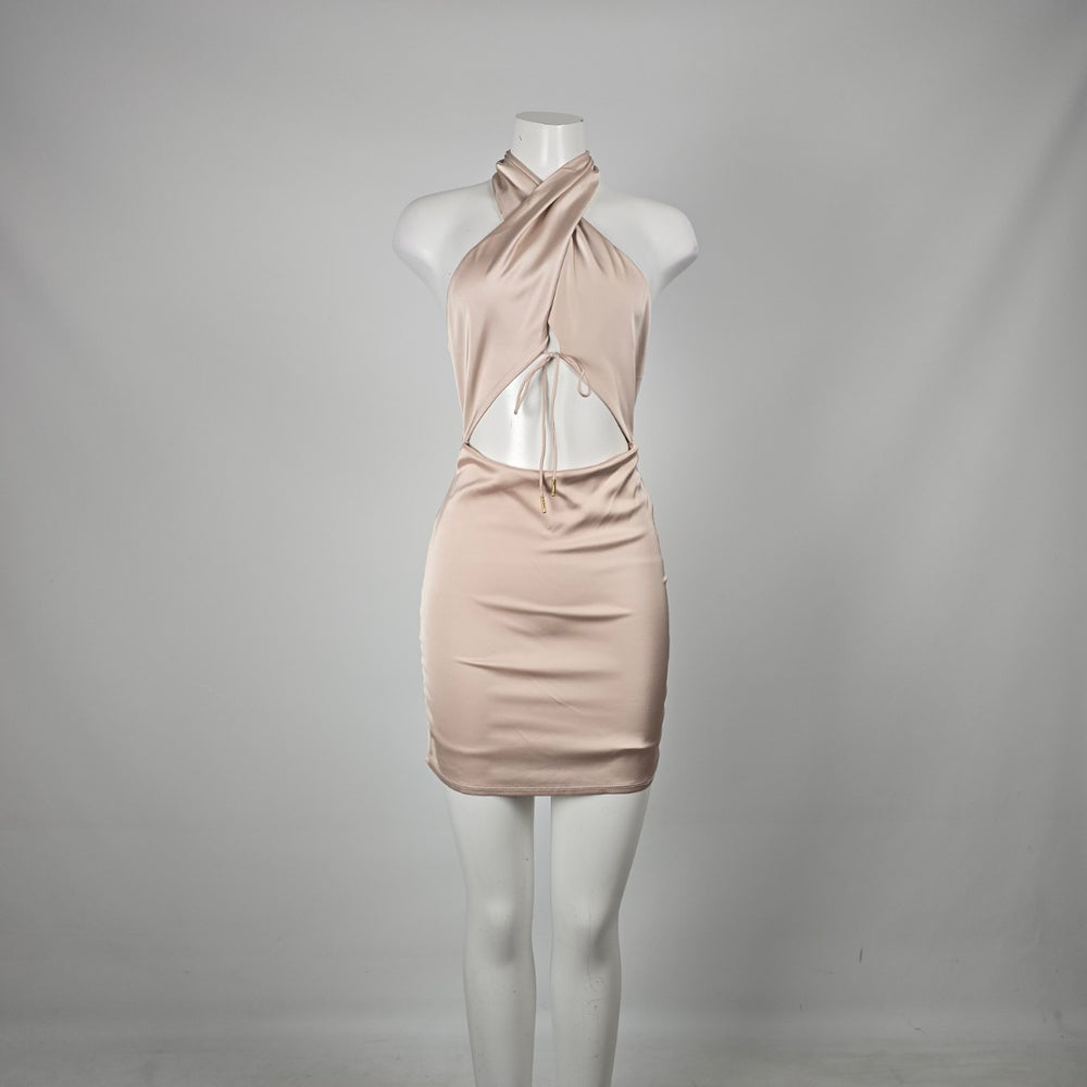 Blanc Clothing Blush Satin Halter Cutout Bodycon Mini Dress - Size L (Fits M)