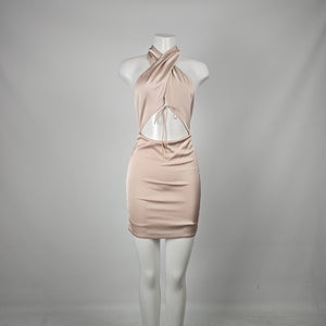 Blanc Clothing Blush Satin Halter Cutout Bodycon Mini Dress - Size L (Fits M)