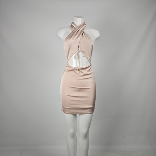 Blanc Clothing Blush Satin Halter Cutout Bodycon Mini Dress - Size L (Fits M)