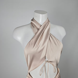 Blanc Clothing Blush Satin Halter Cutout Bodycon Mini Dress - Size L (Fits M)