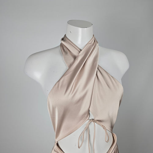 Blanc Clothing Blush Satin Halter Cutout Bodycon Mini Dress - Size L (Fits M)