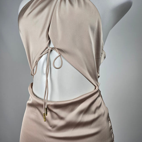 Blanc Clothing Blush Satin Halter Cutout Bodycon Mini Dress - Size L (Fits M)