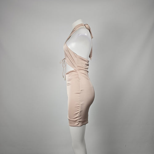 Blanc Clothing Blush Satin Halter Cutout Bodycon Mini Dress - Size L (Fits M)