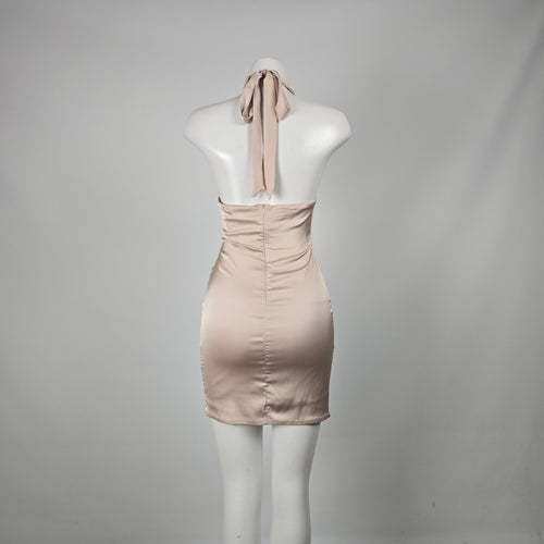 Blanc Clothing Blush Satin Halter Cutout Bodycon Mini Dress - Size L (Fits M)