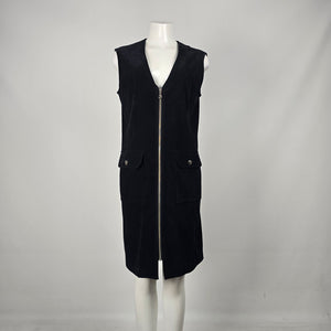 Vintage Authentic Travel Wear Black Corduroy Zip Utility Midi Dress Long Vest - Size M/L