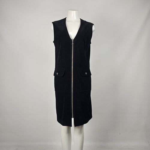 Vintage Authentic Travel Wear Black Corduroy Zip Utility Midi Dress Long Vest - Size M/L