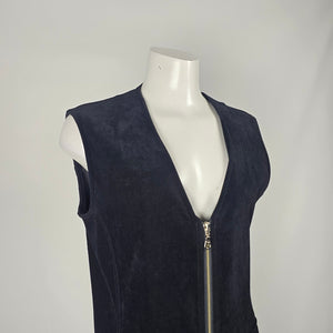 Vintage Authentic Travel Wear Black Corduroy Zip Utility Midi Dress Long Vest - Size M/L