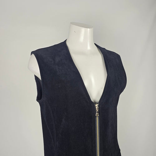 Vintage Authentic Travel Wear Black Corduroy Zip Utility Midi Dress Long Vest - Size M/L
