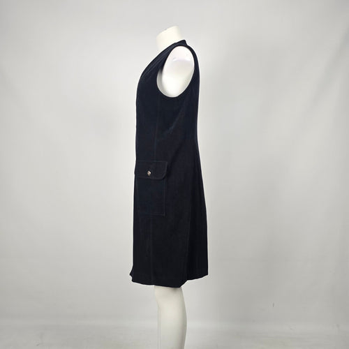 Vintage Authentic Travel Wear Black Corduroy Zip Utility Midi Dress Long Vest - Size M/L