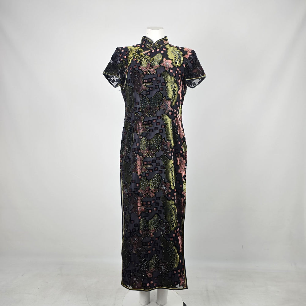 Vintage He Sheng Black Floral Velvet Cheongsam Qipao Maxi Dress Size M/L