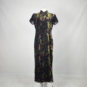 Vintage He Sheng Black Floral Velvet Cheongsam Qipao Maxi Dress Size M/L