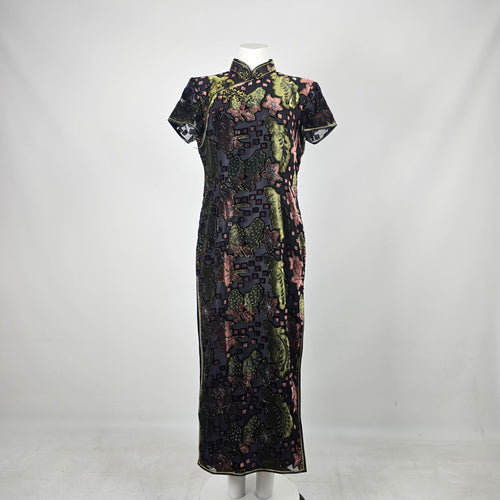 Vintage He Sheng Black Floral Velvet Cheongsam Qipao Maxi Dress Size M/L