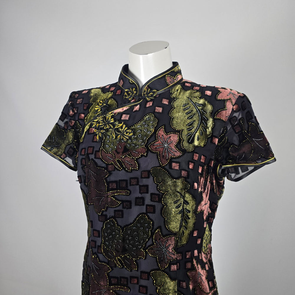 Vintage He Sheng Black Floral Velvet Cheongsam Qipao Maxi Dress Size M/L