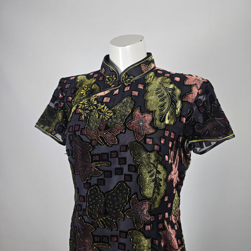 Vintage He Sheng Black Floral Velvet Cheongsam Qipao Maxi Dress Size M/L
