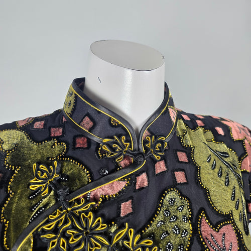 Vintage He Sheng Black Floral Velvet Cheongsam Qipao Maxi Dress Size M/L