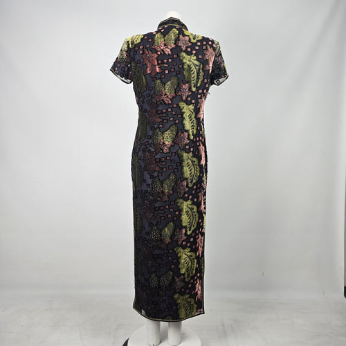 Vintage He Sheng Black Floral Velvet Cheongsam Qipao Maxi Dress Size M/L