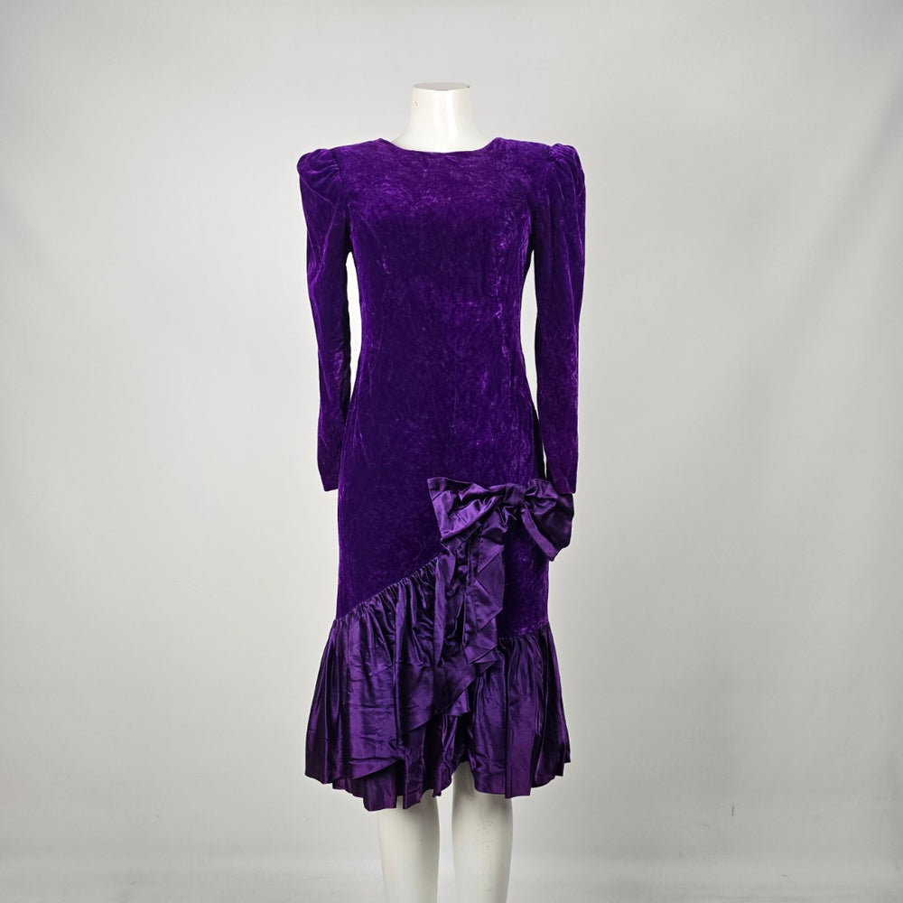 Vintage Orite Petite Purple Velvet Bow Ruffle Midi Dress - Size 7/8