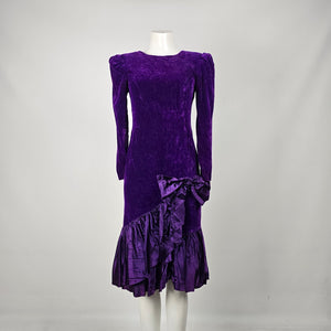 Vintage Orite Petite Purple Velvet Bow Ruffle Midi Dress - Size 7/8