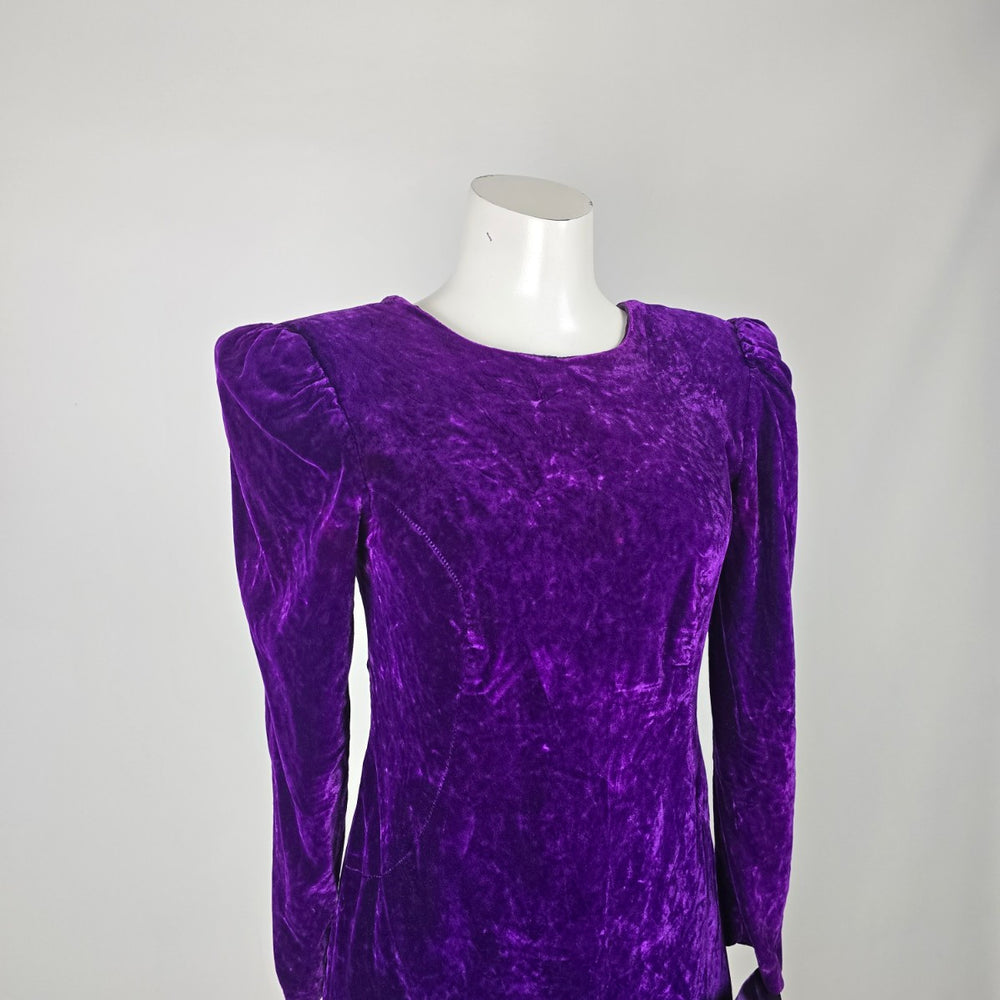 Vintage Orite Petite Purple Velvet Bow Ruffle Midi Dress - Size 7/8