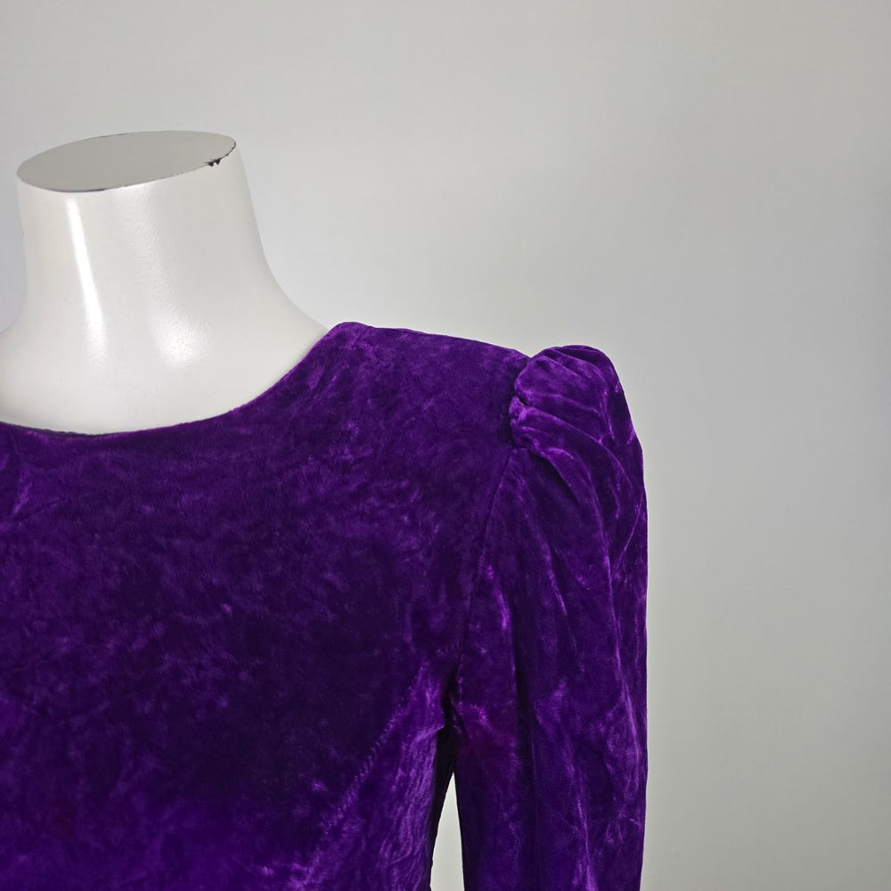 Vintage Orite Petite Purple Velvet Bow Ruffle Midi Dress - Size 7/8