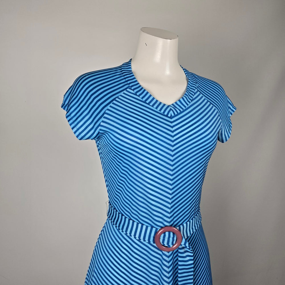 Vintage Junior Bazaar Jeune Boutique Blue Striped Belted Maxi Dress - Size 13