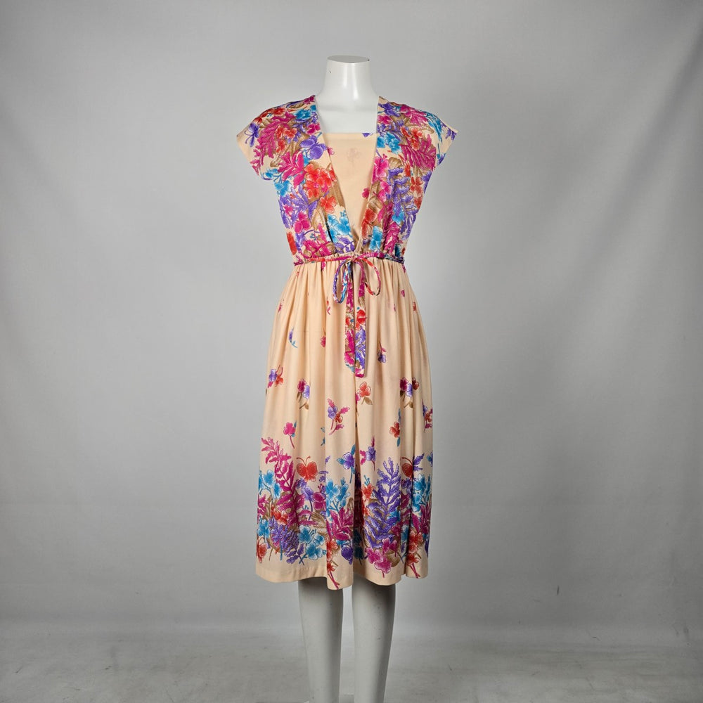 Vintage Peach Floral Border Print Drawstring Waist Midi Dress - Size S/M