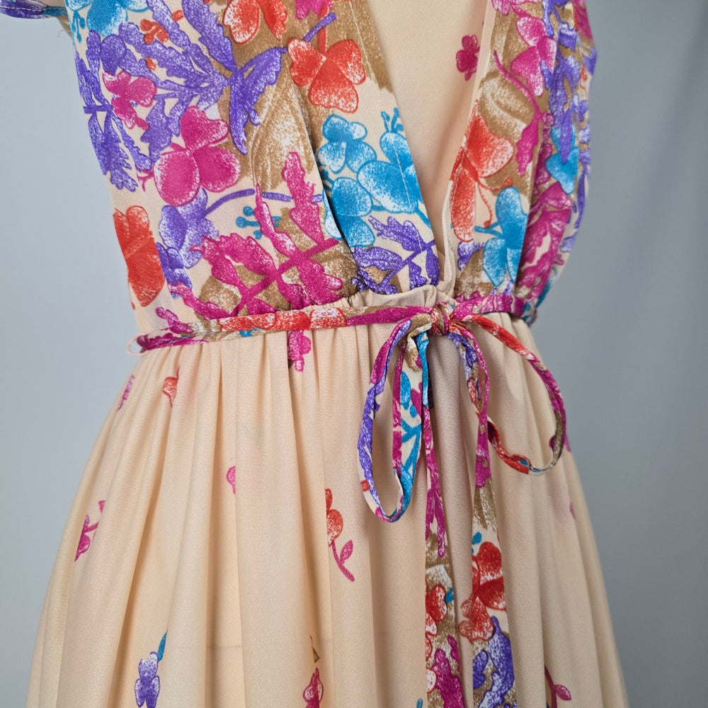 Vintage Peach Floral Border Print Drawstring Waist Midi Dress - Size S/M