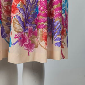 Vintage Peach Floral Border Print Drawstring Waist Midi Dress - Size S/M