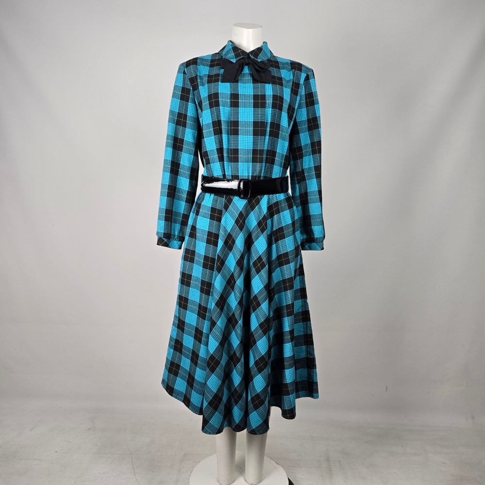 Vintage Blue & Black Plaid Bow Collar Belted Midi Dress - Size M/L