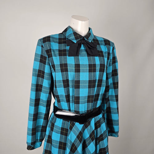 Vintage Blue & Black Plaid Bow Collar Belted Midi Dress - Size M/L