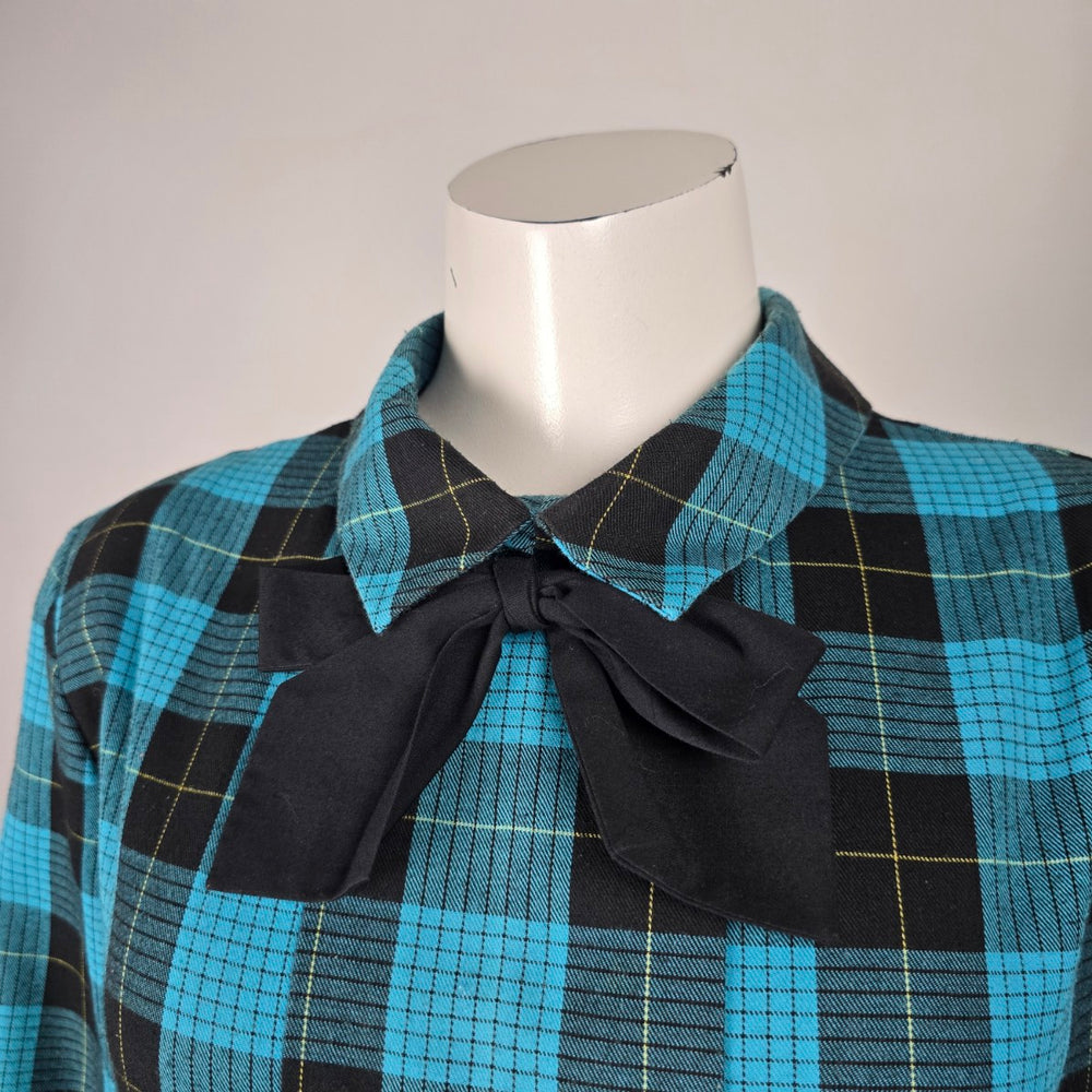 Vintage Blue & Black Plaid Bow Collar Belted Midi Dress - Size M/L
