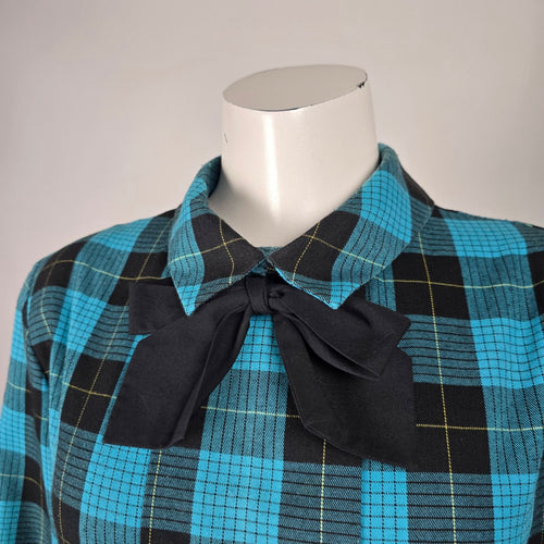 Vintage Blue & Black Plaid Bow Collar Belted Midi Dress - Size M/L