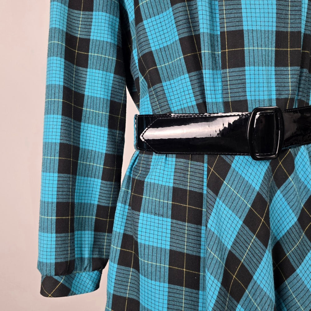 Vintage Blue & Black Plaid Bow Collar Belted Midi Dress - Size M/L