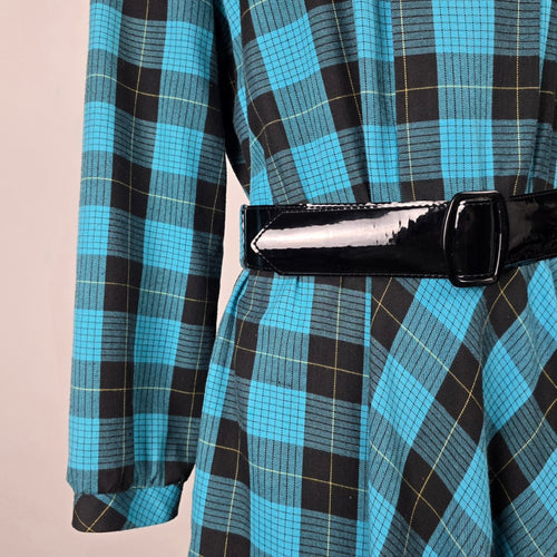 Vintage Blue & Black Plaid Bow Collar Belted Midi Dress - Size M/L