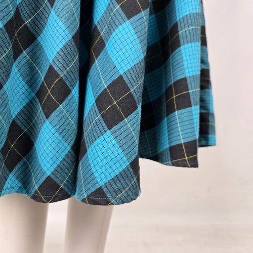 Vintage Blue & Black Plaid Bow Collar Belted Midi Dress - Size M/L