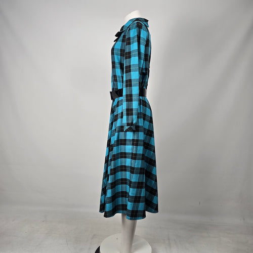 Vintage Blue & Black Plaid Bow Collar Belted Midi Dress - Size M/L