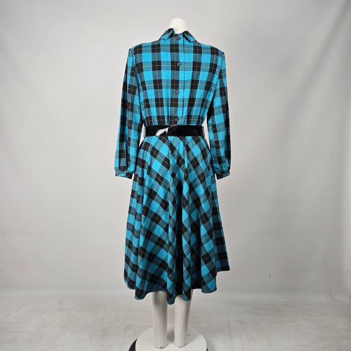 Vintage Blue & Black Plaid Bow Collar Belted Midi Dress - Size M/L