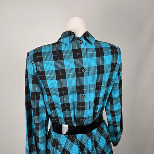 Vintage Blue & Black Plaid Bow Collar Belted Midi Dress - Size M/L