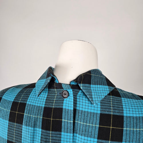 Vintage Blue & Black Plaid Bow Collar Belted Midi Dress - Size M/L