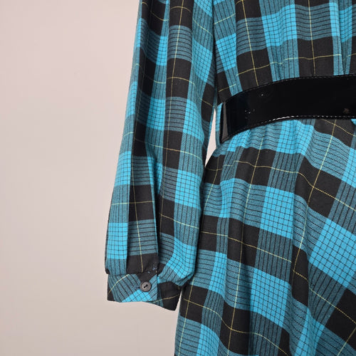Vintage Blue & Black Plaid Bow Collar Belted Midi Dress - Size M/L