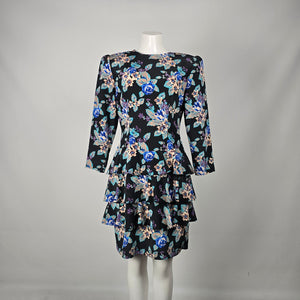 Vintage Orite Petite Black & Blue Floral Tiered Peplum Mini Dress - Size 11/12