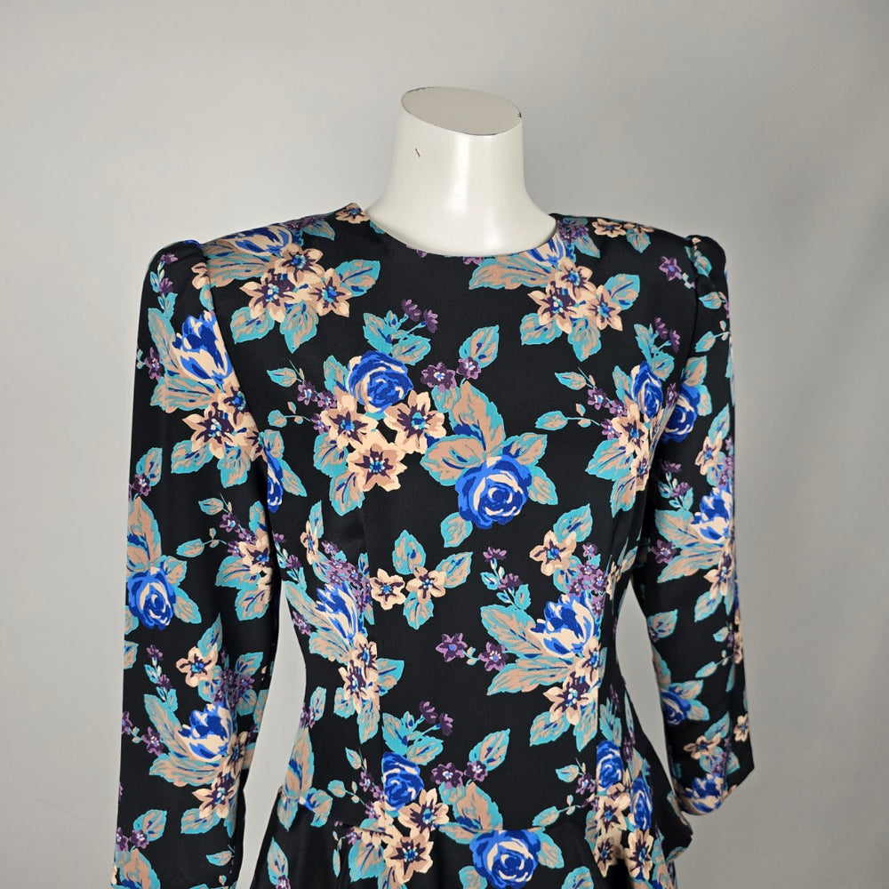 Vintage Orite Petite Black & Blue Floral Tiered Peplum Mini Dress - Size 11/12