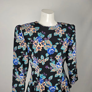 Vintage Orite Petite Black & Blue Floral Tiered Peplum Mini Dress - Size 11/12