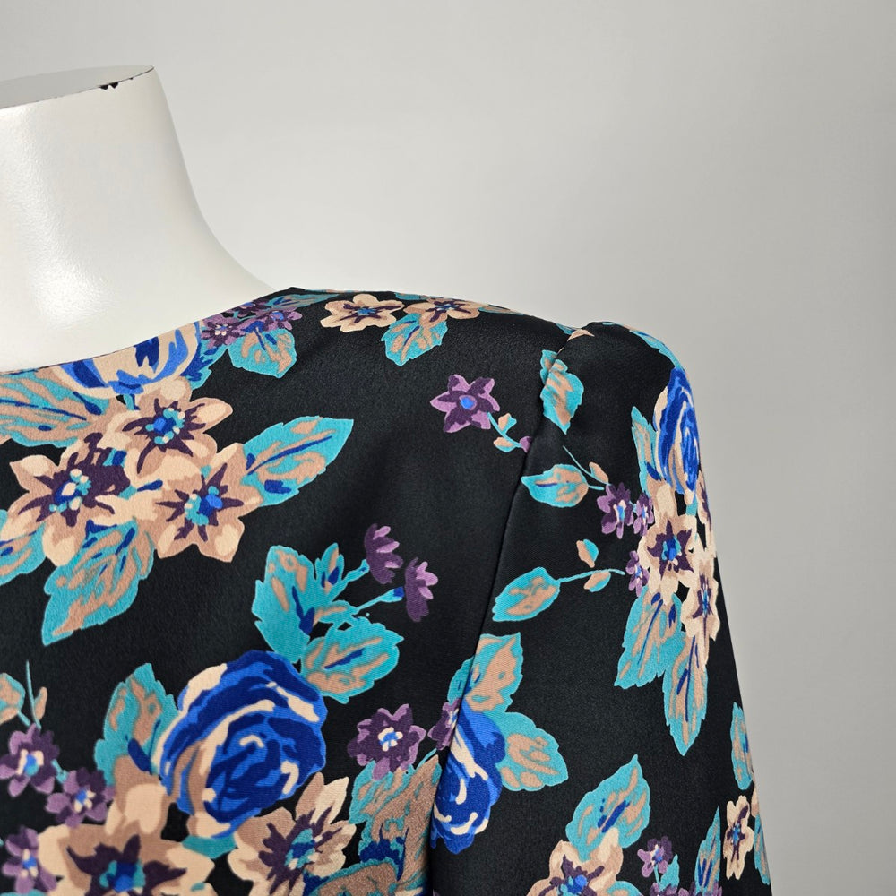 Vintage Orite Petite Black & Blue Floral Tiered Peplum Mini Dress - Size 11/12