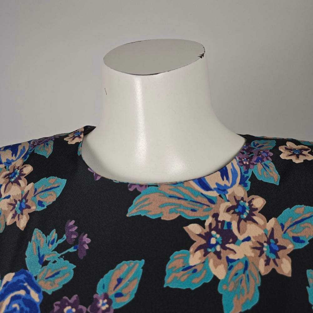 Vintage Orite Petite Black & Blue Floral Tiered Peplum Mini Dress - Size 11/12