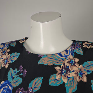Vintage Orite Petite Black & Blue Floral Tiered Peplum Mini Dress - Size 11/12